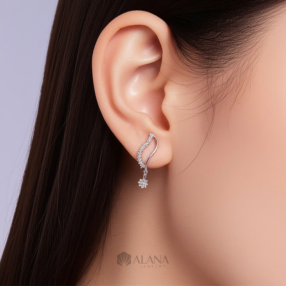 Bông Tai Hình Lá Thiết Kế Đính Đá CZ - EWS010 - Ảnh 3